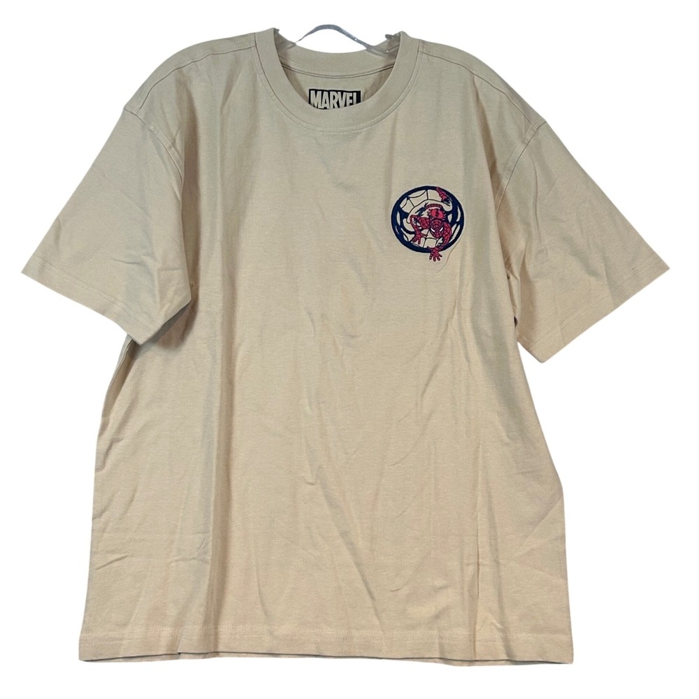 NWT Marvel Spider-Man Embroidered Graphic T-Shirt Mens Small Light Birch Beige